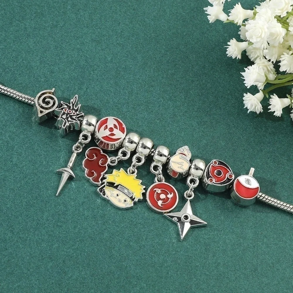 Silver Plated Naruto Shippuden Anime Themed Charm Bracelet Adjustable Sizing